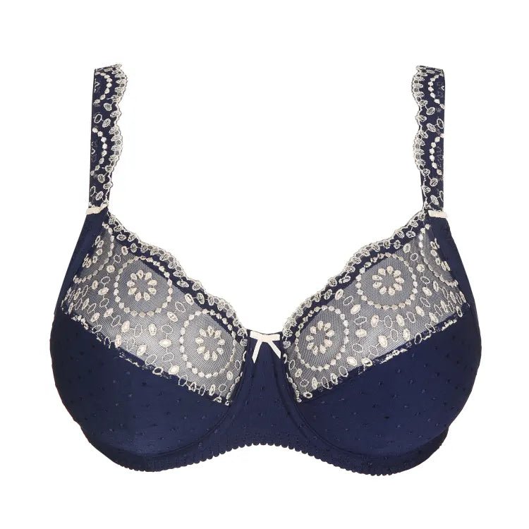 Product-only shot of Osino Full Cup Bra Sapphire Blue with lace upper cups and subtle sheen on lower cups