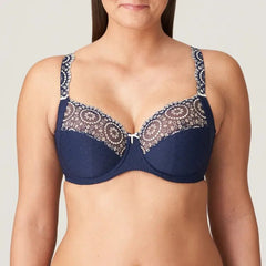 Front view of Osino Full Cup Bra in Sapphire Blue with delicate eyelet lace and opaque lower cups