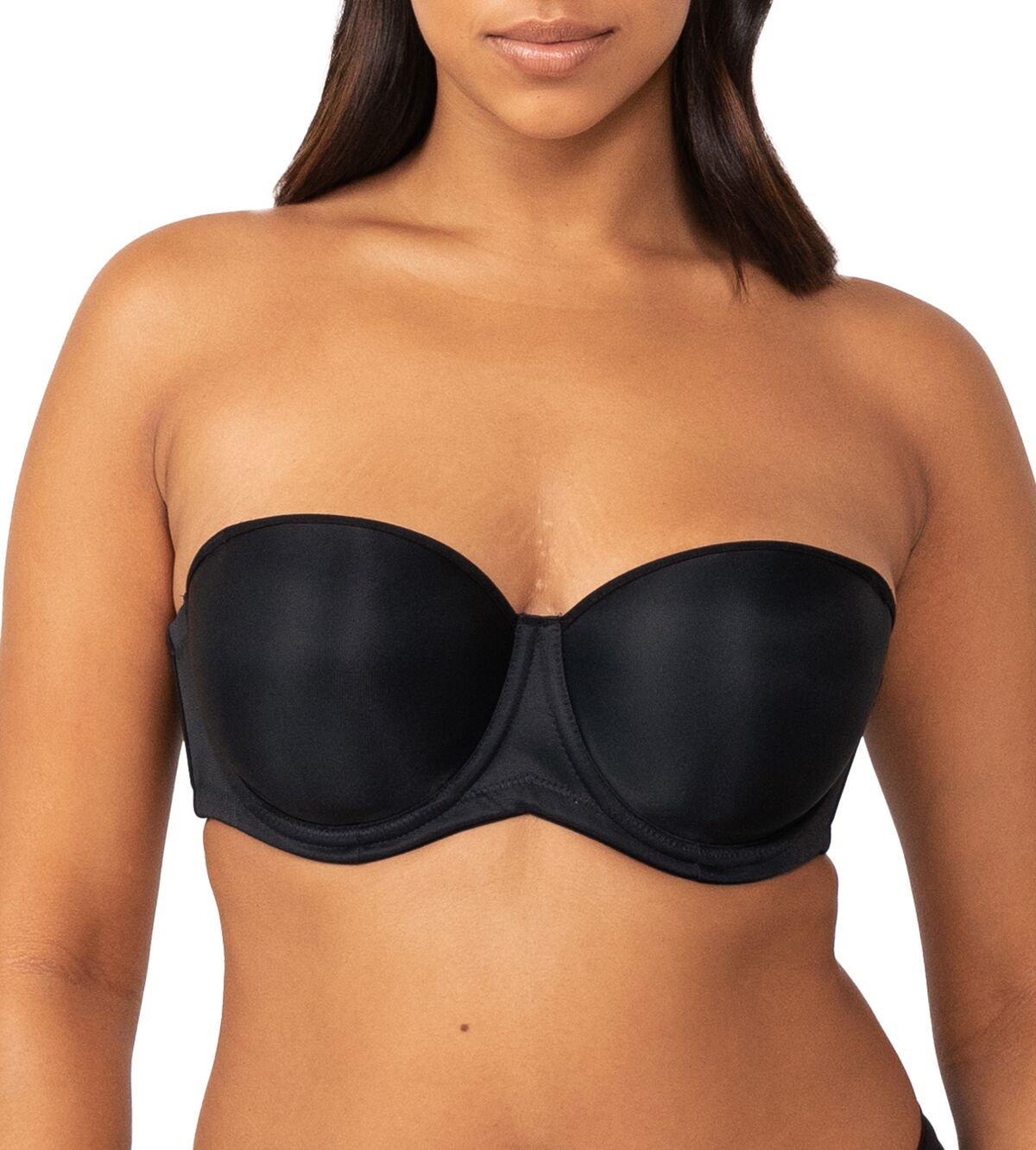 Front view of Triumph Beautiful Silhouette Strapless Bra in Black, smooth moulded cups and invisible fit available at The Foundation.