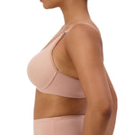 Three-quarter view of model in Gorgeous Maternity P Blusher Beige, displaying drop-down feeding cups and seamless coverage