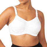 Front view of the Triaction Ultra W Sports Bra in White, showing supportive fit for high-impact workouts.
