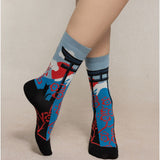 bleuforet womens socks mount fuji print pattern socks in blue and black and touch of red