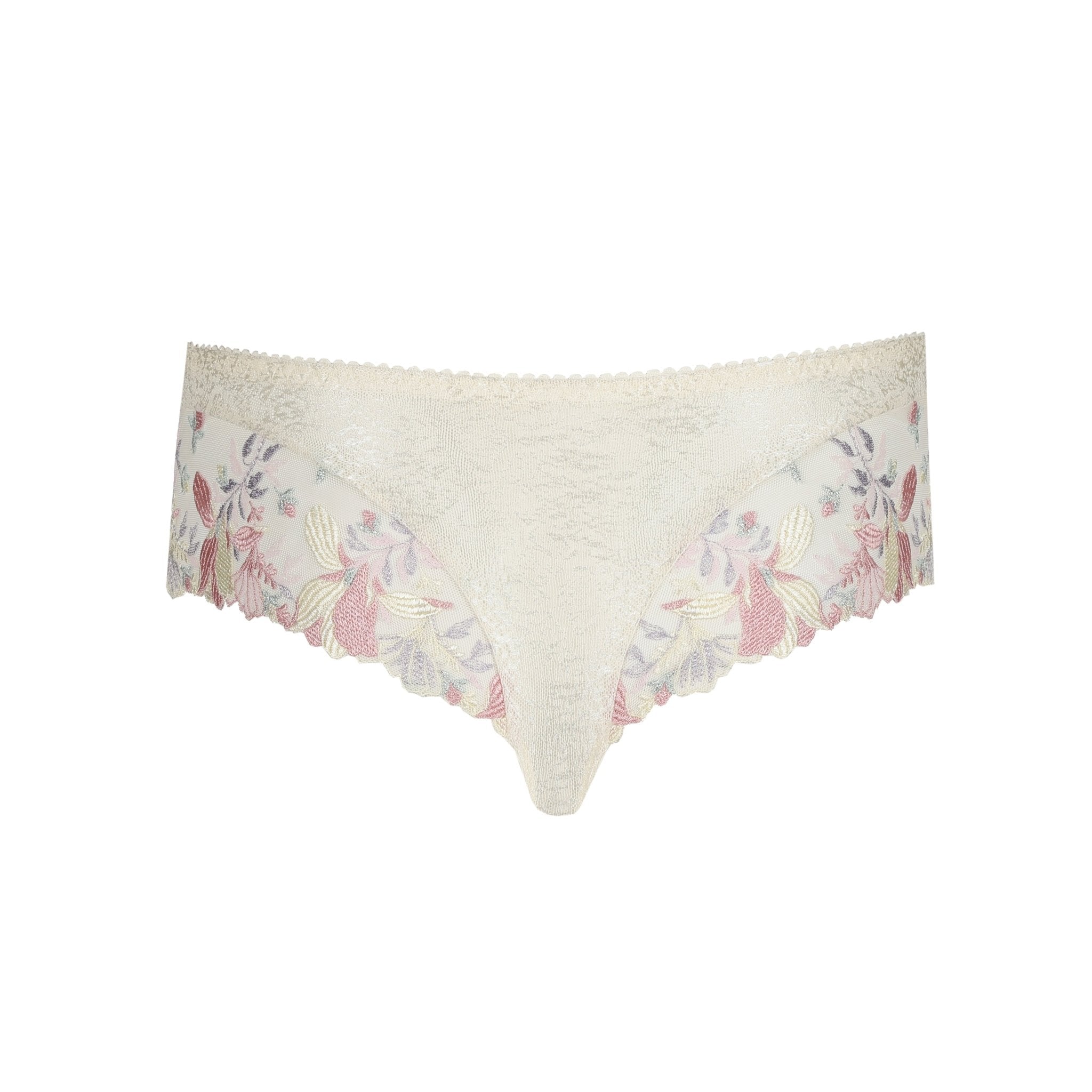 Flat lay of Prima Donna Mohala Luxury Thong Brief Vintage Natural laid flat displaying shimmery lace texture and pastel floral embroidery.