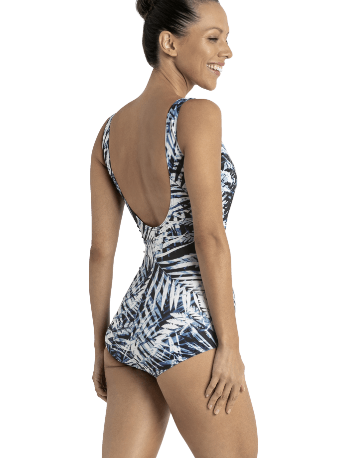 Back view of Poolproof Palms Sheath One Piece in Arctic, showing shelf bra support and Aquashield® fabric, sold at The Foundation.