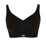 Flat lay of the Endurance Wired Sports Bra in Black showing racerback and mesh detail.