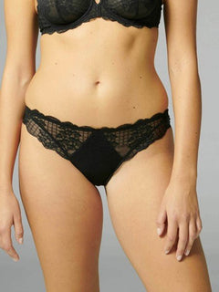 Front view of Reve Bikini Brief Black from The Foundation – lace front, scalloped trim and cotton-lined for all-day comfort.