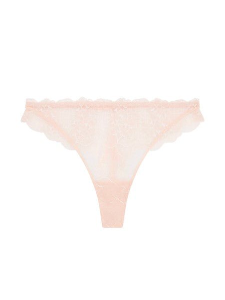 Flat lay of Reve Tanga Thong Brief Sakura Pink from The Foundation – lightweight lace G-string with cotton gusset for comfort.