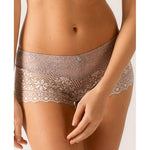 Close up of Empreinte Cassiopee Shorty Brief in Rose Sauvage—luxurious lace lingerie available at The Foundation.