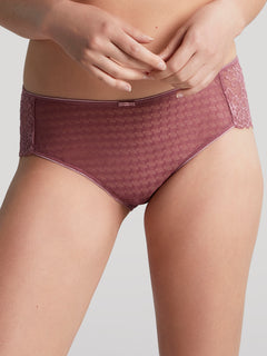 Front close-up of Envy Stretch Lace Brief in Rose Mauve with jacquard design and lace edging.