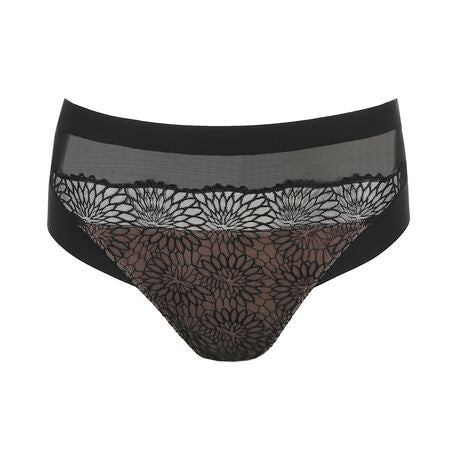 Detailed flat lay of the Sophora Full Brief Black by PrimaDonna – embroidery on sheer tulle for a striking tattoo effect.
