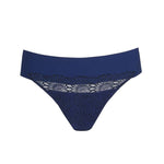 Flat lay of PrimaDonna Sophora Thong Royal in limited edition navy blue with shimmer embroidery, shop premium briefs at The Foundation.