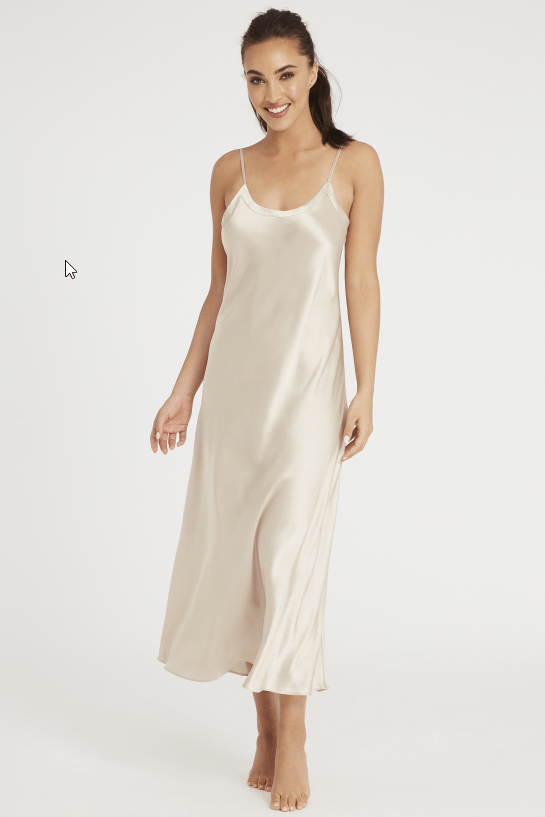 lotus silk long kelly chemise nightdress in silk and silk slip in oyster by Lin and Barrett Lingerie