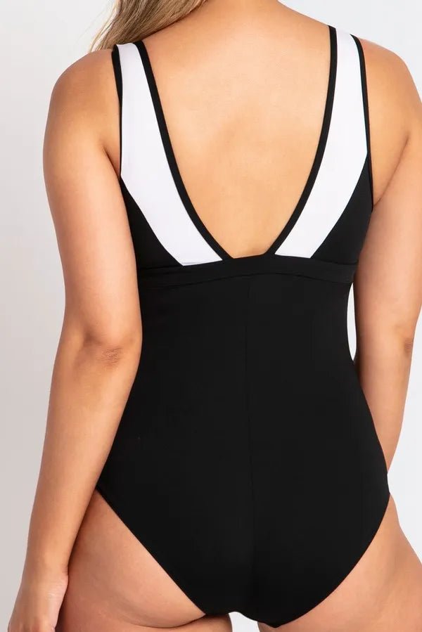 Full back view of the swimsuit showing V-shaped back and full bottom coverage.