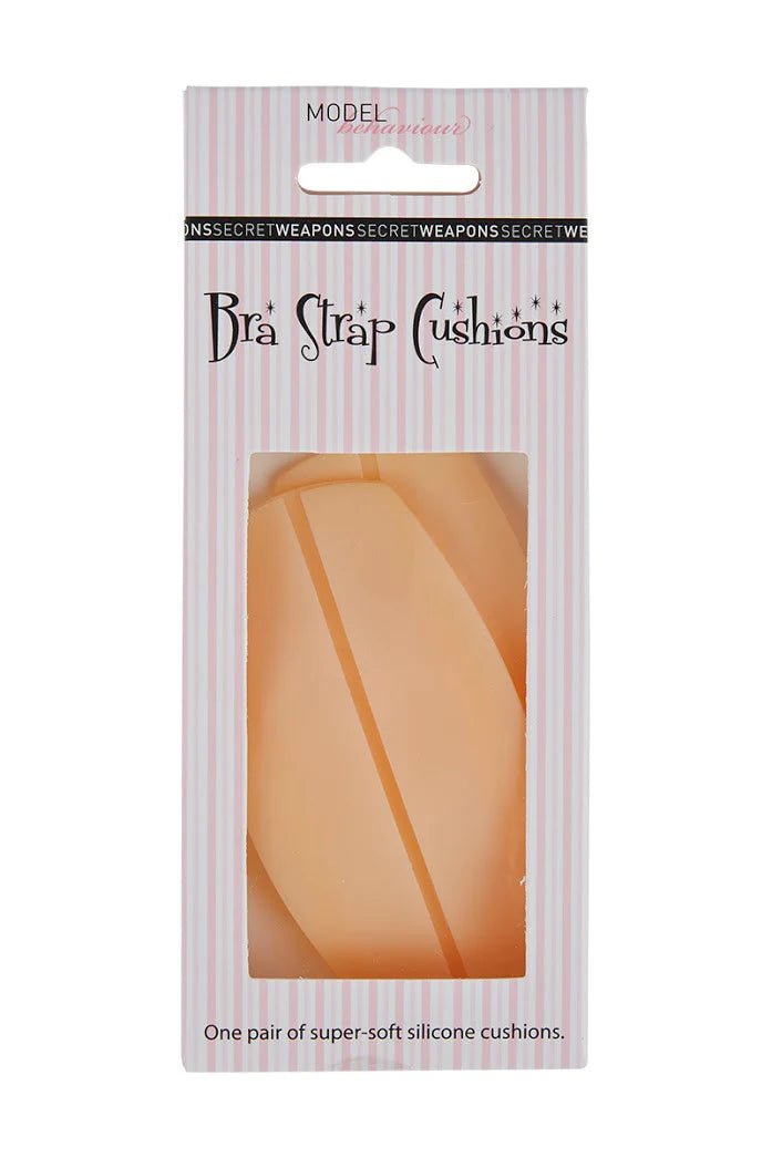 Secret Weapons Bra Strap Cushions in nude colour, shown in retail packaging with striped background.