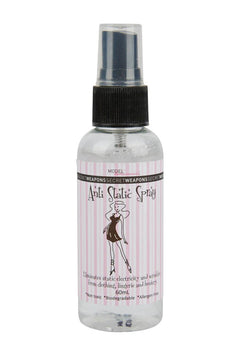 60ml bottle of Secret Weapons Anti Static Spray with silver label and black cap, ideal for preventing cling and static on clothing and lingerie.