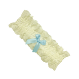 Ivory lace bridal garter with a light blue bow, available at The Foundation, an elegant “something blue” wedding accessory for your special day.