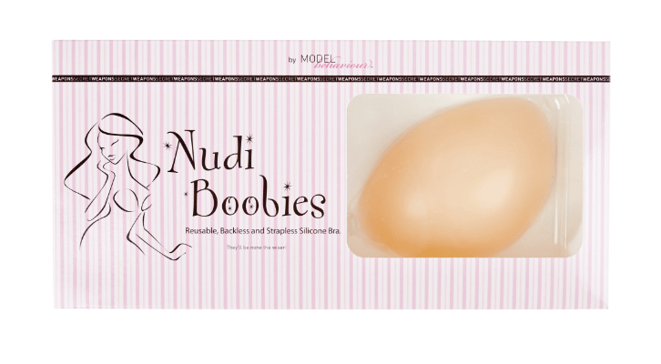 Packaging of Secret Weapons Nudie Boobies silicone stick-on bra in nude tone.
