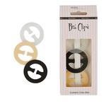 Clear, nude, and black round bra clips with product card included in the three-pack set.