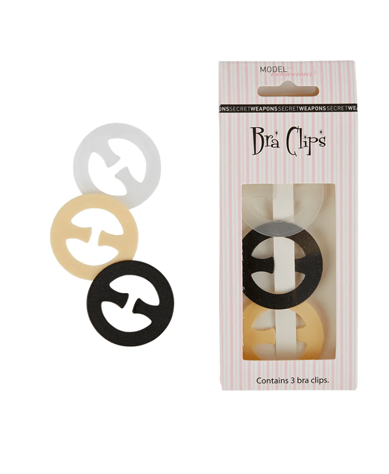 Clear, nude, and black round bra clips with product card included in the three-pack set.