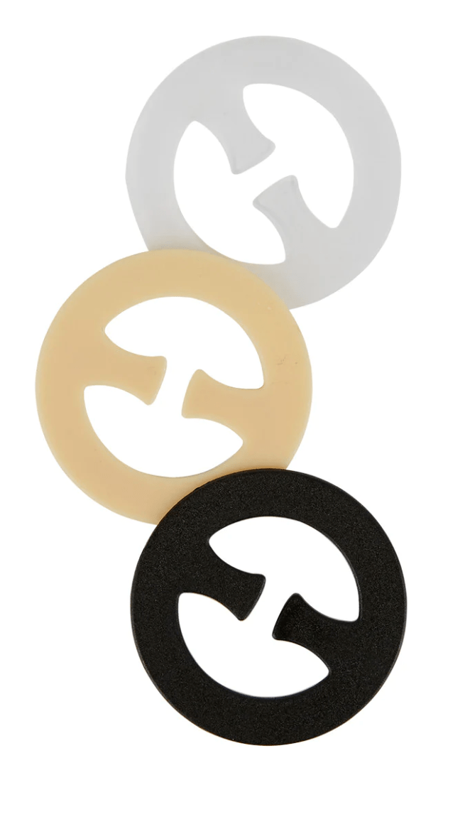 Set of three discreet round bra clips in assorted colours for strap adjustment and lift.