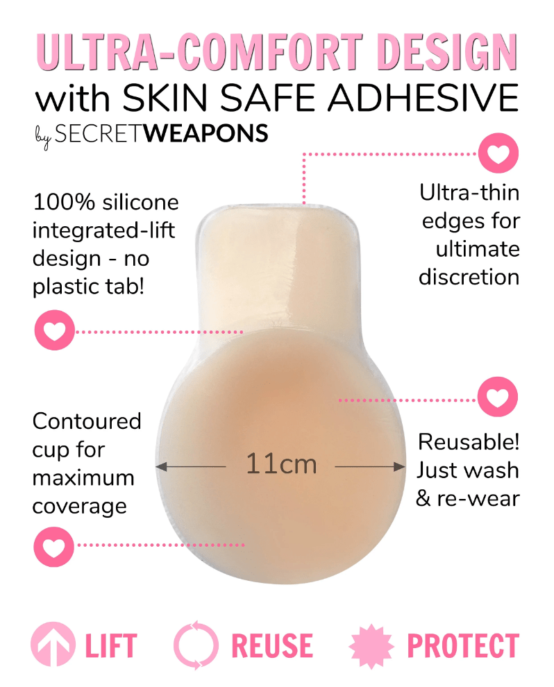 Close-up showing ultra-compact design and skin-safe adhesive for Lift Ups breast covers.