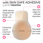 Close-up showing ultra-compact design and skin-safe adhesive for Lift Ups breast covers.