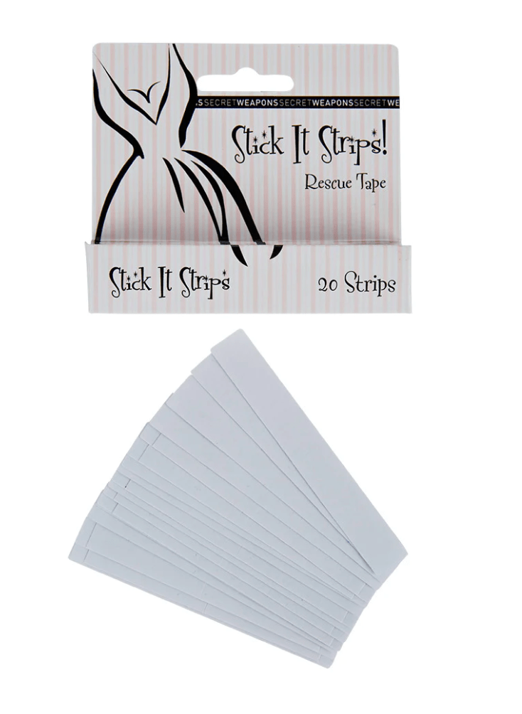 Contents of Stick It Fashion Tape box showing clear, pre-cut double-sided strips.