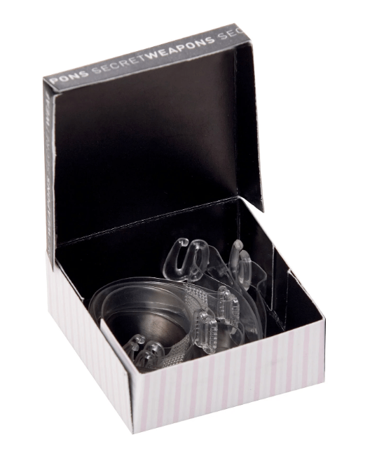 Clear adjustable bra straps in a black presentation box – discreet and supportive replacement straps.