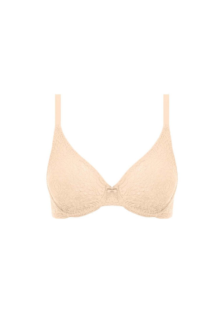Flat lay of Wacoal Halo Lace Nude Bra,  stretch lace moulded cup bra with supportive underwire.