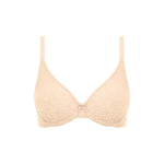 Flat lay of Wacoal Halo Lace Nude Bra,  stretch lace moulded cup bra with supportive underwire.