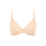 Flat lay of Wacoal Halo Lace Nude Bra,  stretch lace moulded cup bra with supportive underwire.