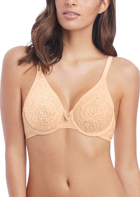 Close-up of Wacoal Halo Lace Moulded Underwire Bra in Nude floral lace stretch and smooth everyday feel.