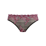 Flat lay of lace bikini brief in contrast berry and black—The Foundation
