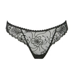 Marie Jo Jane Thong Brief in Natural from The Foundation, with floral embroidery, sheer lace, and pearl-detailed bows at the back.