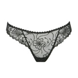 Marie Jo Jane Thong Brief in Natural from The Foundation, with floral embroidery, sheer lace, and pearl-detailed bows at the back.
