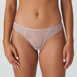 Front view of the Jane Thong Brief in Bois De Rose from The Foundation, featuring sheer floral embroidery and soft lace finish.