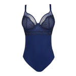 Flat lay of Sophora Bodysuit in Royal, featuring embroidered tulle and longline shaping design.