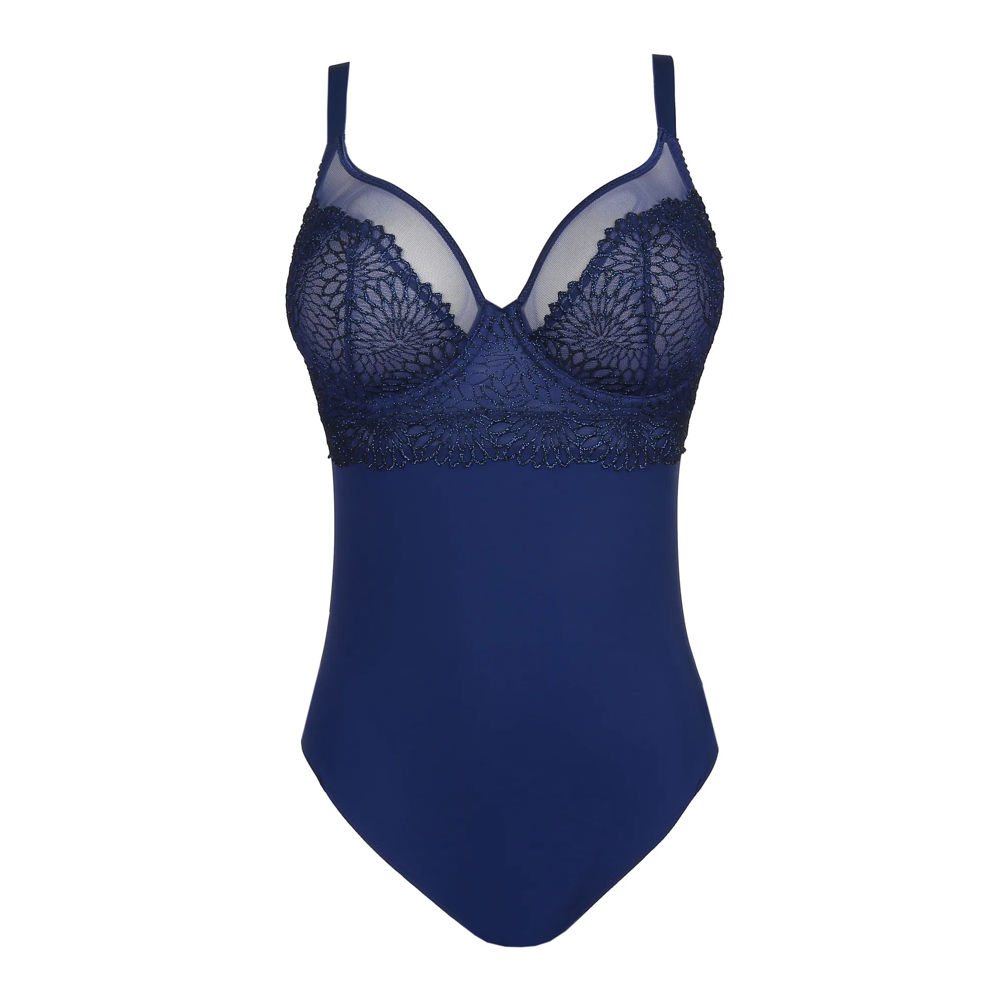 Flat lay of Sophora Bodysuit in Royal, featuring embroidered tulle and longline shaping design.
