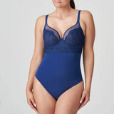 Front view of Sophora Royal Bodysuit with longline fit, underwire support and glittering embroidery.
