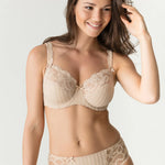 Model wearing PrimaDonna Madison Full Brief in Café Latte from The Foundation, with gingham fabric, lace sides, and high-waist full coverage. front view