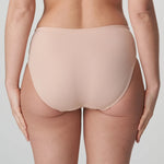 Model wearing PrimaDonna Madison Full Brief in Café Latte from The Foundation, with gingham fabric, lace sides, and high-waist full coverage. back view