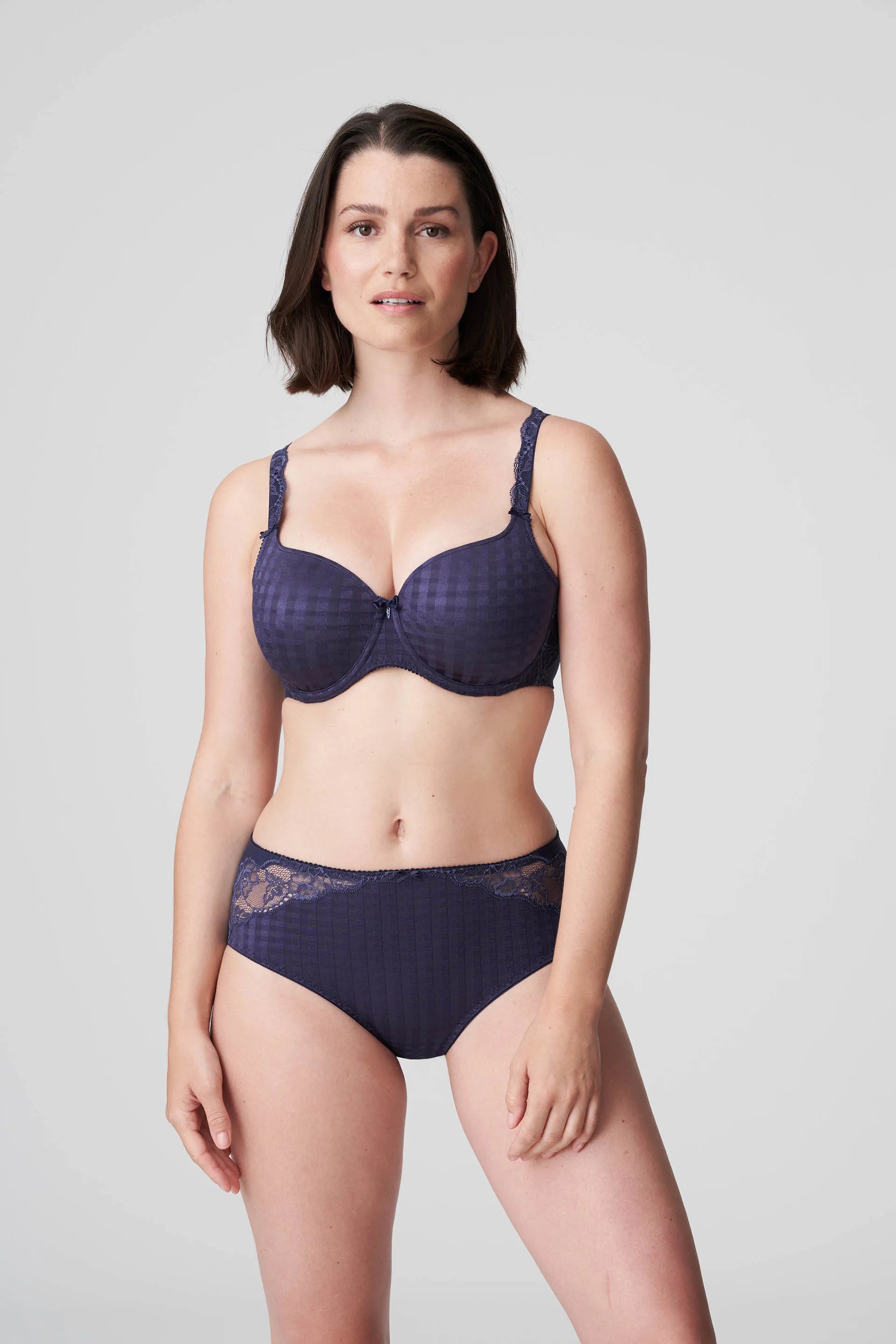 Model wearing PrimaDonna Madison bra and brief set in Blue Bijou, styled for elegant support and everyday confidence.