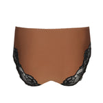 Rear flatlay of the Madison Full Brief Lace Back in bronze from The Foundation, with focus on the lace trim wrapping around the bottom.