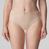 front view of Model wearing PrimaDonna Madison Full Brief Lace Back in Café Latte, available at The Foundation.