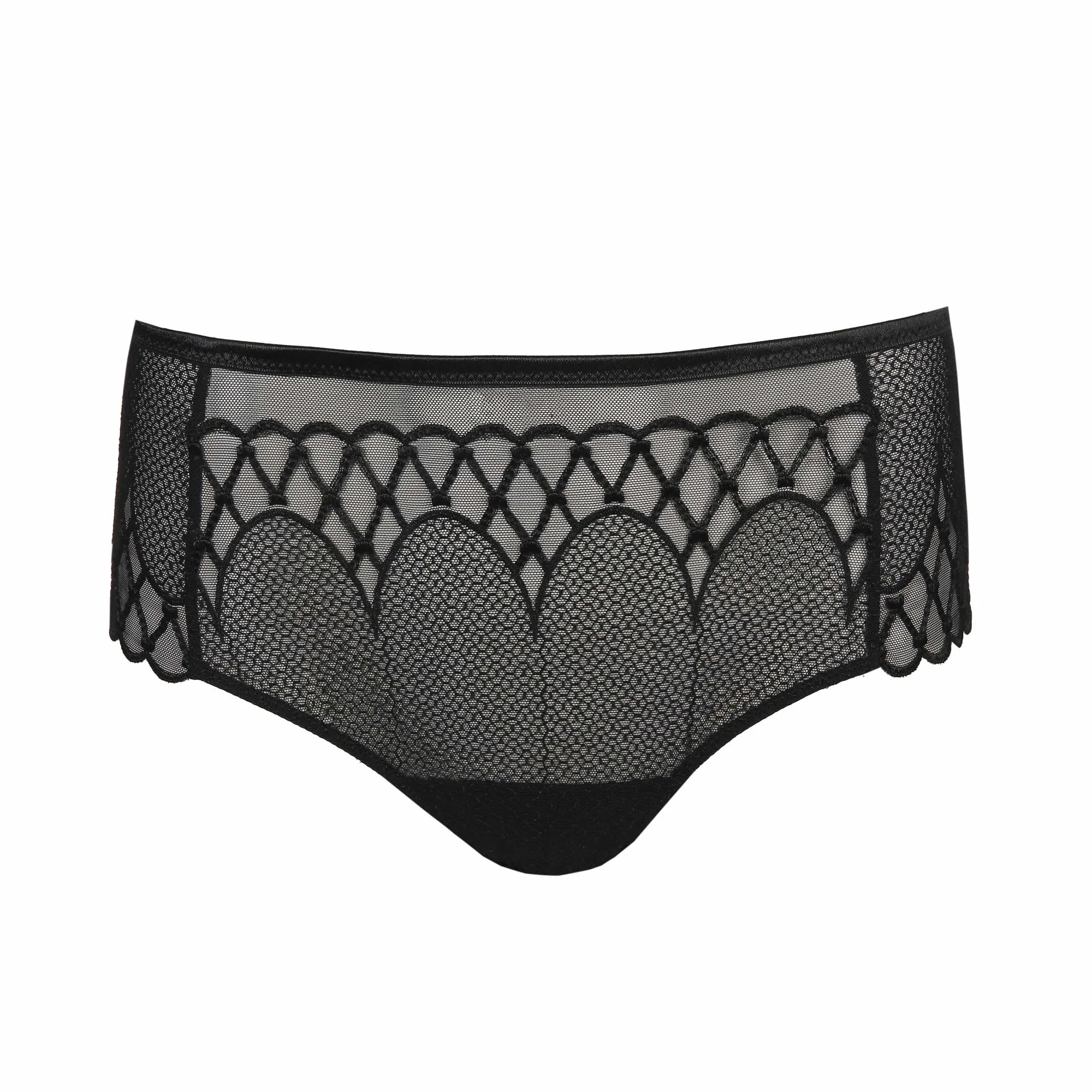 Flat lay of Vya Thong Brief in Black, showing geometric mesh and front embroidery detail.