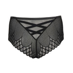 "Back view of Flat lay PrimaDonna Vya thong, featuring elegant black embroidery and scalloped mesh edges.