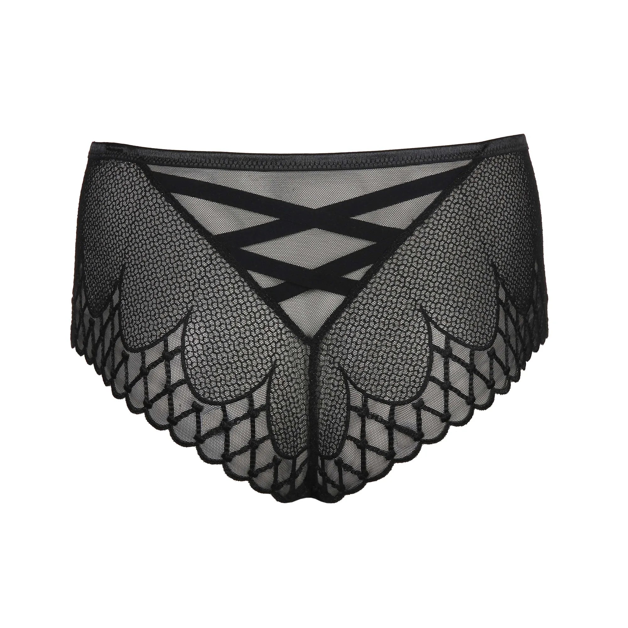 "Back view of Flat lay PrimaDonna Vya thong, featuring elegant black embroidery and scalloped mesh edges.