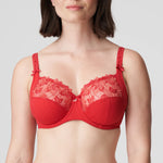 Front view of the Deauville Full Cup Bra in Scarlet from The Foundation, showing shimmery embroidery and deep supportive cups