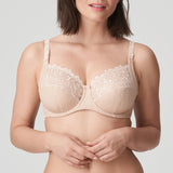 Model wearing PrimaDonna Deauville Full Cup Bra in Café Latte from The Foundation, with embroidered cups, side support, and a flattering fit. close up