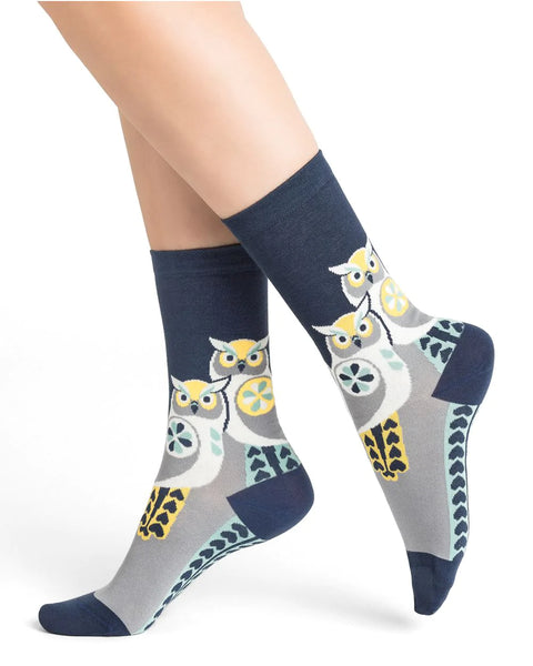 Cotton Owl Socks Mid Jean Blue
